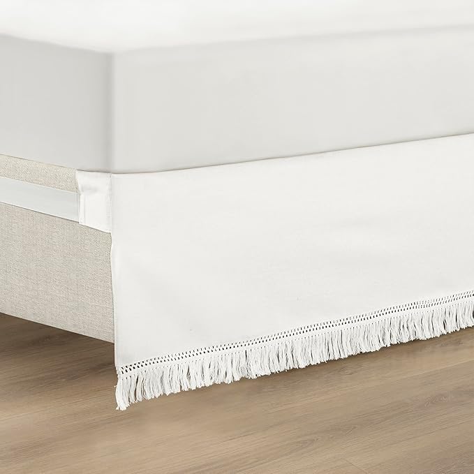 Lush Decor Boho Fringe 15-Inch Tailored Drop Easy Fit Bed Skirt Queen Size Single 60" W x 80" L +15" Pure White - Queen Bed Skirt - Wrap Around Bed Skirt