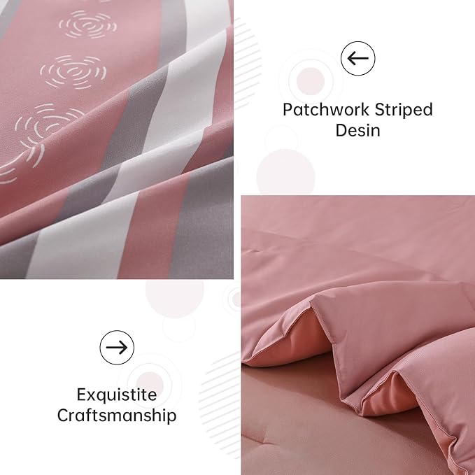 Anibedding Pink Comforter Set Queen Size, 8 Pieces Striped Bed in a Bag Patchwork Bedding Sets, Soft Microfiber Boho Bedding Set for All Season(90"×90")