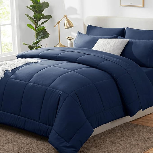 CozyLux Full Size Comforter Sets Navy Blue, 7 Pieces Bed in a Bag, Navy Comforter Full Size, All Season Bedding Sets with Stitch Quilted Comforter, Flat Sheet, Fitted Sheet, Pillowcases