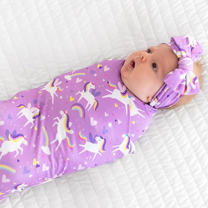 Little Sleepies Swaddle & Headband Bow Set, Viscose from Bamboo Baby Swaddles, Newborn Baby Girl Clothes (Sienna's Unicorns)