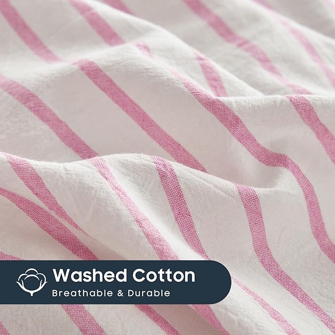 Wake In Cloud - Striped Cotton Duvet Cover Set, Ticking Stripe Vertical Pinstripe Farmhouse, 100% Washed Cotton Textured Percale Bedding Set, 3 Pieces, Pink White, Queen Size