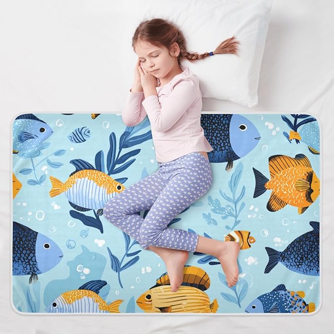 Waterproof Bed Pad Reusable Changing Pad Toddler Mattress Protector Large Pee Pad Baby Diaper Pad Soft Washable Liner Light Blue Fish Seaweed and Bubbles