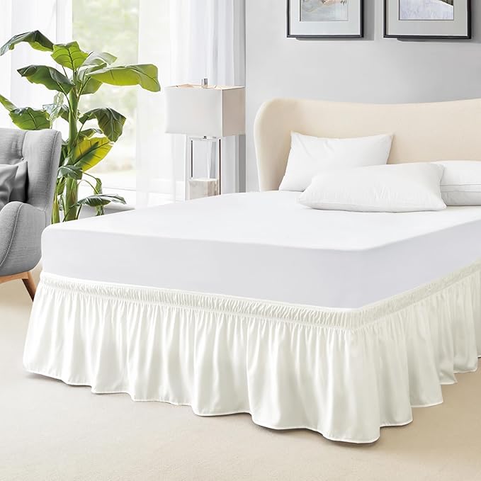 FreshCulture Full Bed Skirt, Elastic Wrap Around Bed Skirt Full Bed, Easy Fit with 15-Inch Tailored Drop, Hotel Quality Dust Ruffle for Full Size Bed, Bed Skirt Full Size (Ivory)