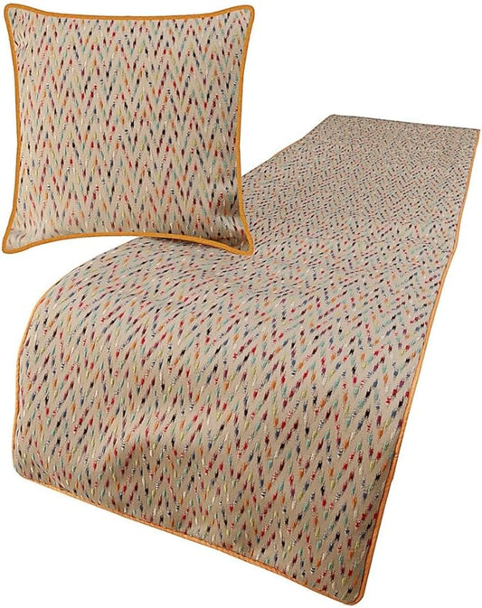 The HomeCentric King Queen Twin Beige & Multicolor Luxury Queen 74"x18" Bed Runner Without Pillow Cover, Chevron Embroidery Bed Scarf on Jacquard Embroidered Fabric - Happy Chevy