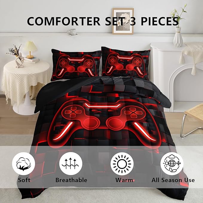 Axolotl Gamepad Comforter Set Twin Size,Red Grid Print Bedding Set,Boys Gaming Console Comforter Set,Video Gaming Controller Bedding Set for Teens Men Adults,1 Quilt 2 Pillowcases,Red Black