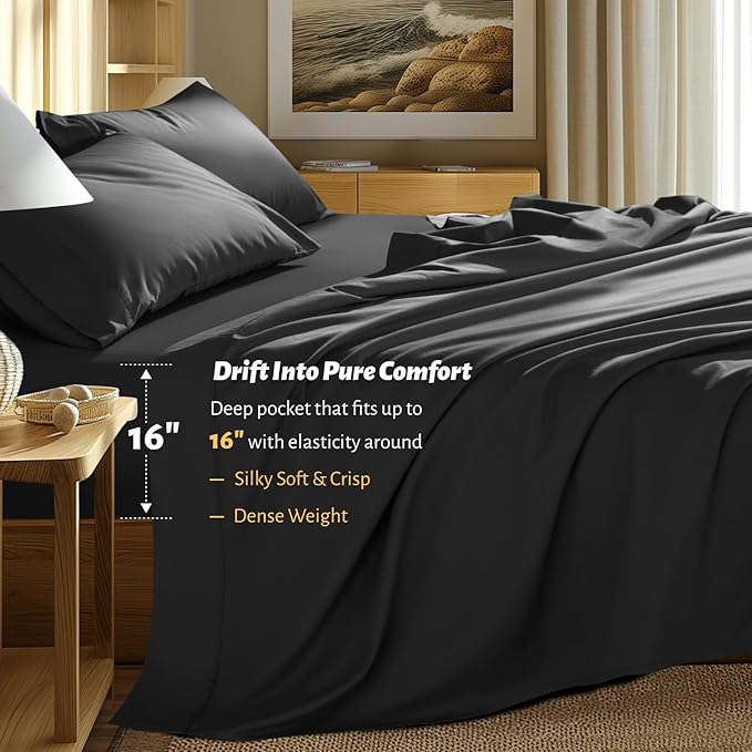 Shilucheng 100% Egyptian Cotton King Size Sheets Set - 1000 Thread Count，Luxury Cotton Bed Sheets，Breathable & Cooling Bedding and Pillow Cases, 16 Inch Deep Pocket - 4 Piece (Black, King)