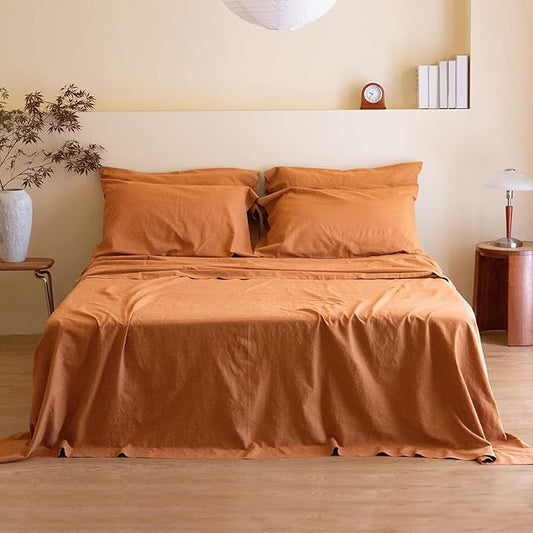 Simple&Opulence Belgian Linen Sheet Set Solid Color - 6 Pieces (1 Flat Sheet & 1 Fitted Sheet & 4 Pillowcases) 16" Deep Pocket Natural Flax Cotton Blended Soft Bedding - Rust, California King