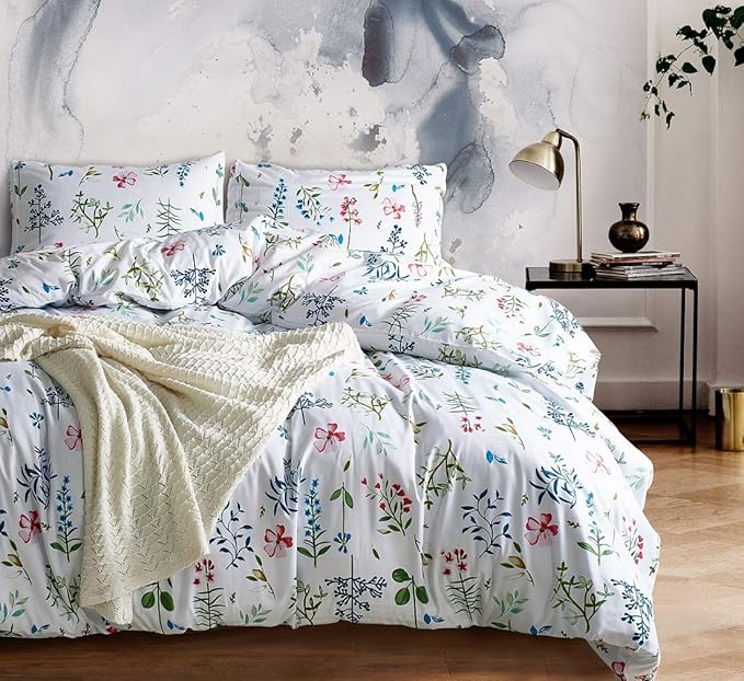 Feelyou Floral Duvet Cover Set Twin Vivid Flowers Bedding Set for Kids Girls Teens Women Pastoral Plants Branches Print Quilt Cover Set Polyester White Green Comforter Cover Set with 1 Pillow Sham