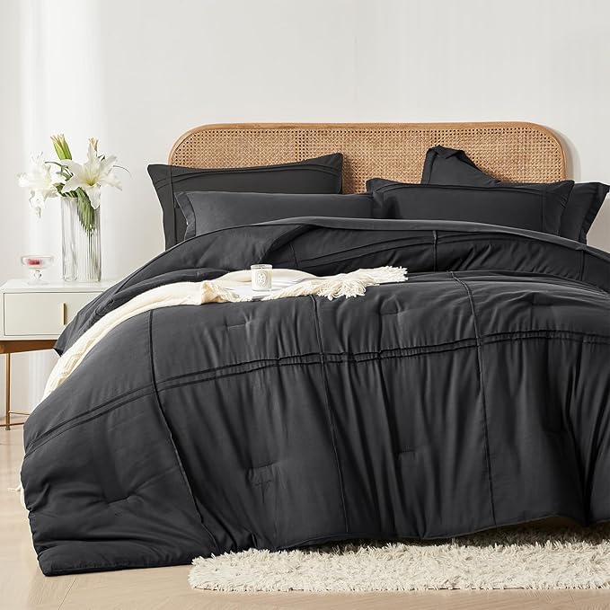 Yogeneg King Size Comforter Set 7 Piece Bed in a Bag,Grid Pinch Pleat Black Bedding Set,Striped Textured Soft Microfiber Comforter with Sheet Set,All Season Complete Bed Set(Black,King)