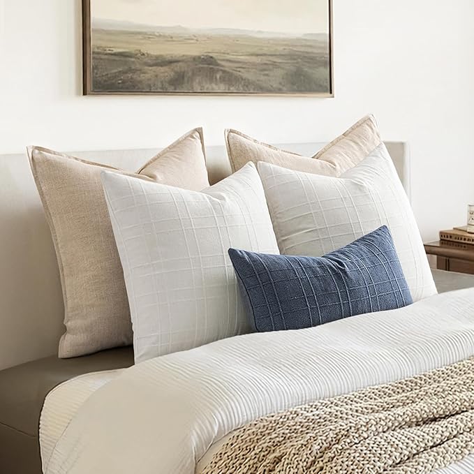MIULEE Decorative Linen Check Lumar Throw Pillow Covers Neutral Farmhouse Vintage Pillow Covers 12x20 Set of 2 Boho Modern Home Decor for Sofa Couch Bedroom Cushion Cream White