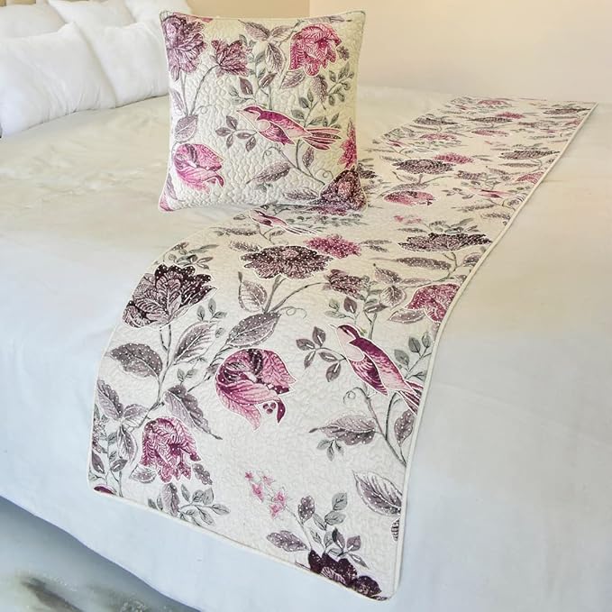 The HomeCentric King/Queen/Twin Pink Decorative Queen 74"x18" Bed Runner with Pillow Cover, Quilted, Printed & Pearl Embroidery Bed Scarf on Cotton Fabric - Vintage Birdie