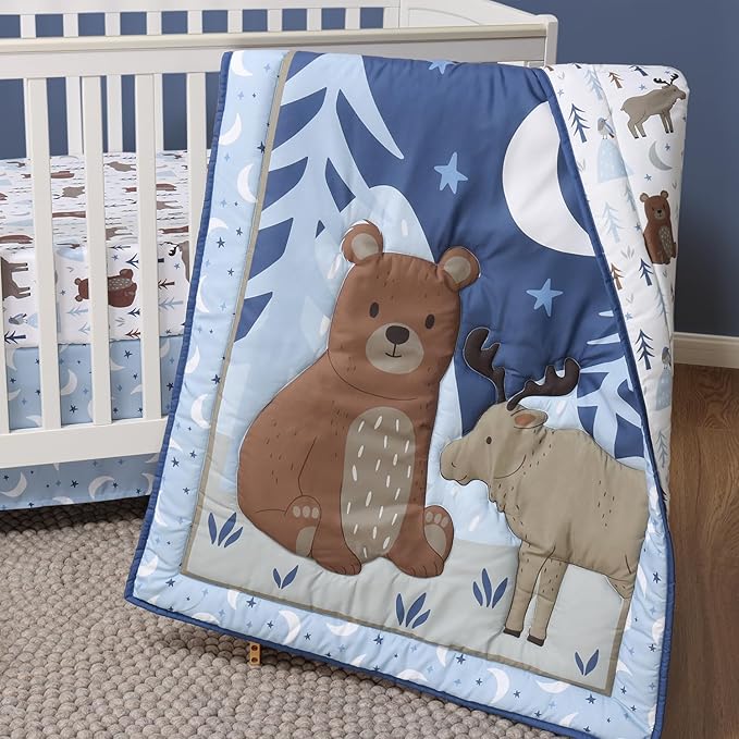 The Peanutshell 3 Piece Baby Crib Bedding Set for Boys - Newborn, Infant & Toddler Nursery Bed Set Decor with Fitted Crib Sheet, Dust Ruffle Comforter - Under The Stars