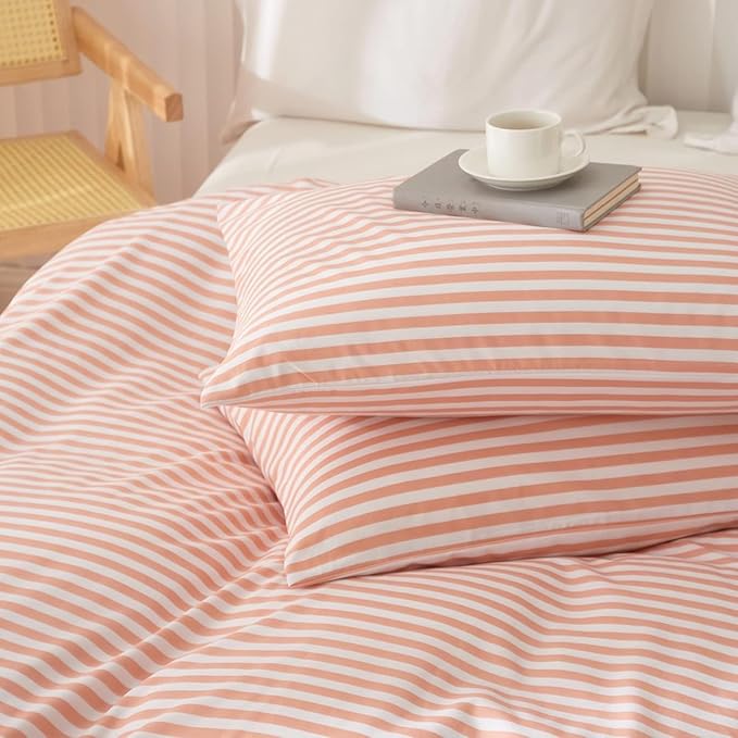 LifeTB King Size Comforter Set Pink White Stripes Pattern Comforter Modern Striped Comforter Set Fluffy Lightweight 3 Pieces Bedding Comforter Farmhouse Stripes Boho Bed Comforter with 2 Pillowcases