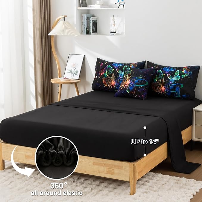 A Nice Night Galaxy Bedding Sets,3D Butterfly Flying in Space Printed,Like Glitter Butterflies 6pcs Bed in a Bag Queen Comforter Set, for Girls Boys Kids Teens