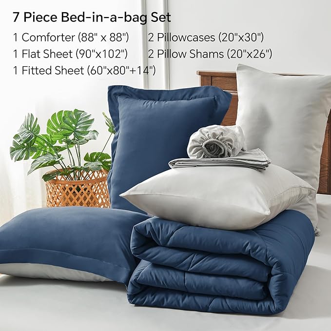 BEDELITE Queen Comforter Set 7 Pieces Bed in A Bag - Soft Microfiber Reversible Calm Blue Bed Set with Comforters, Sheets, Pillowcases & Shams, Cozy Luxury Bedding Sets for All Season
