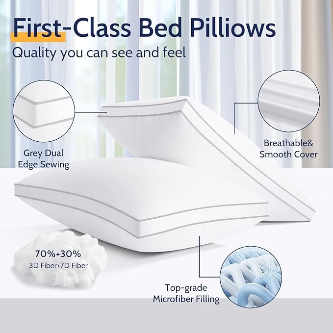 Pillows Queen Size Set of 2, Gusseted Bed Pillows for Sleeping 2 Pack, Luxury Hotel Quality, Supportive Queen Pillow with Soft Down Alternative for Back Stomach Side Sleepers, Machine Washable