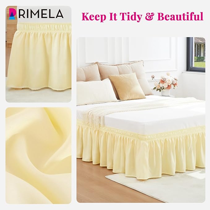RIMELA Bed Skirt Queen Size 12 Inch Drop, Wrap Around Elastic Bedskirt Solid Microfiber Luxury Hotel Quality Fabric, Easy to Install Machine Washable Wrinkle & Fade Resistant, Light Yellow
