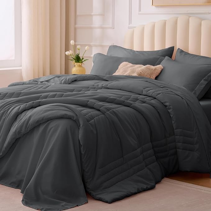 Full Comforter Set Dark Grey - Bed in a Bag Full Size 7 Pieces, Soft Bedding Set for All Seasons, Premium Comforter Set with Comforter, Sheets, Pillowcases & Shams