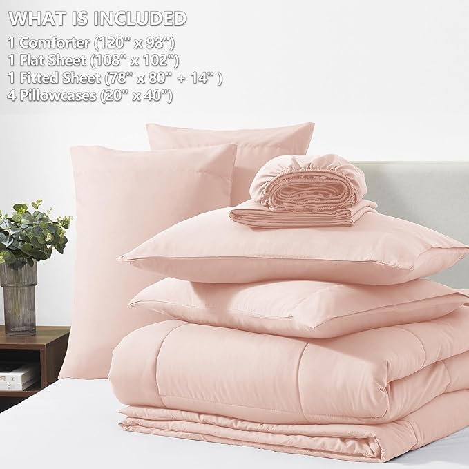 CozyLux Oversized King Comforter Sets Blush Pink, 7 Pieces Bed in a Bag, Ultra-Soft All Season Bedding Sets with Stitch Quilted Comforter, Flat Sheet, Fitted Sheet, Pillowcases, Blush Pink