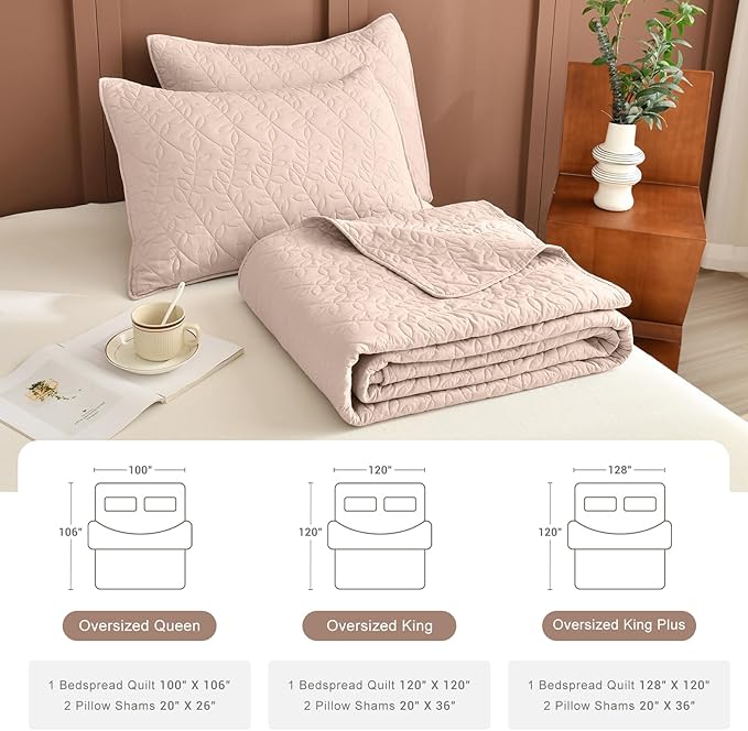 Lady Ann Oversized King Quilt 120x120,Camel Oversized King Bedspread with Leaves Pattern,3 Piece Lightweight Ultra Soft Farmhouse California King Coverlet Set for Extra Large Bed