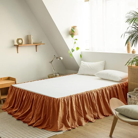 BISELINA French Linen Bed Skirt with Pleated Frills 22-Inch Tailored Drop Natural Flax Cotton Blend Dust Ruffle Soft Cozy Farmhouse Bedding (22" Full, Ruffle Rust)