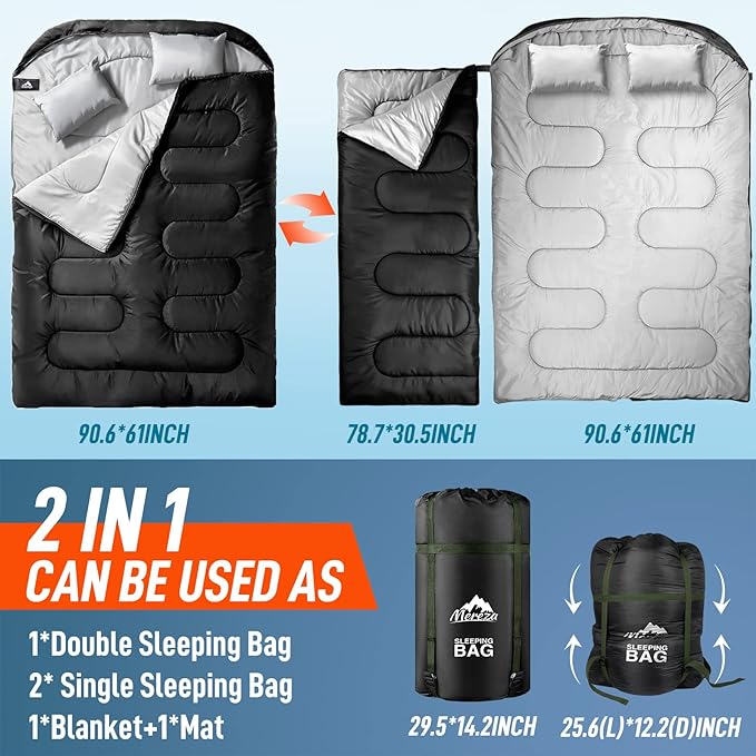 MEREZA Double Sleeping Bag for Adults Mens with Pillow, XL Queen Size Two Person Sleeping Bag for All Season Camping Hiking Backpacking 2 Person Sleeping Bags for Cold Weather & Warm