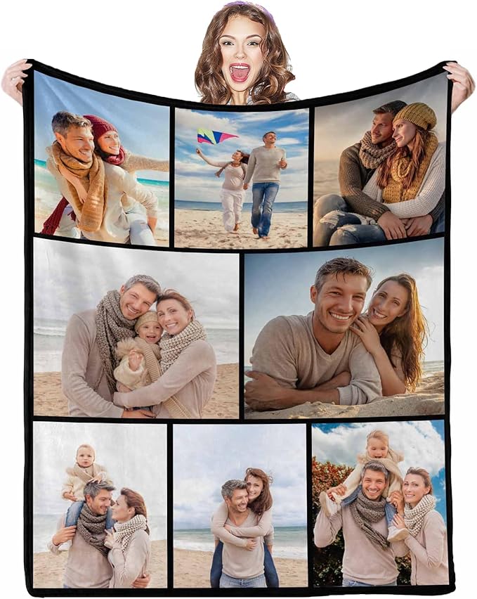 Custom Blanket with Picture, 8 Photos Customizable Blanket Personalized Blankets Family Memory Gift for Dad Mom Grandpa Grandma