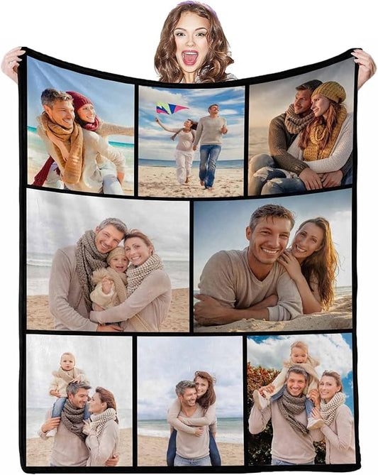 Custom Blanket with Picture, 8 Photos Customizable Blanket Personalized Blankets Family Memory Gift for Dad Mom Grandpa Grandma