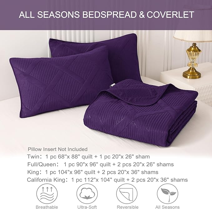 Exclusivo Mezcla Oversized King Quilt Set- Deep Purple Cal King Quilts Bedding Set with 2 Pillow Shams, Modern Bedspread with Striped Pattern, Soft Lightweight Bedspreads Coverlets for All Seasons