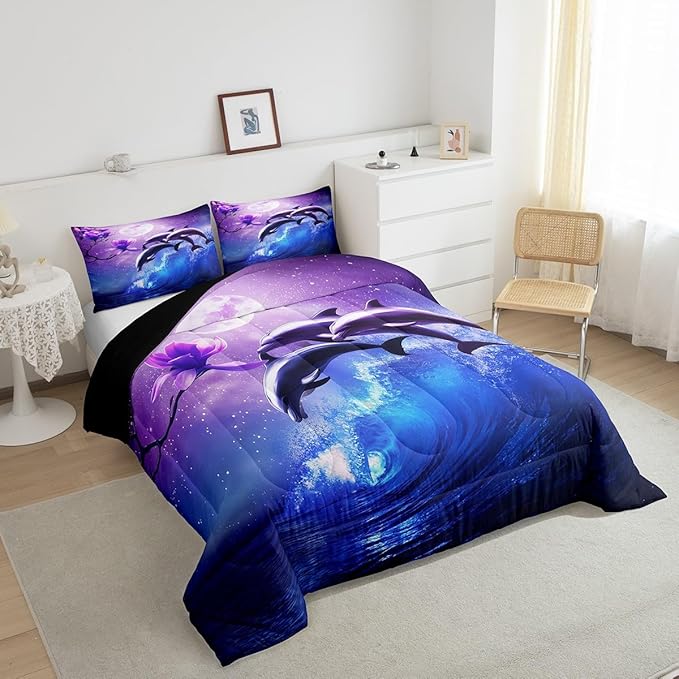 Galaxy Dolphin Bedding Set King Coastal Ocean Waves Comforter Set Night Star Moon Cherry Blossoms Comforter for Kids Girls Teens Sea Animal Starry Sky Quilt Duvet Purple Blue Marine Room Decor 3 Pcs