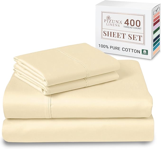 Pizuna Pure 100% Cotton Sheets California King Size, Luxurious 400 Thread Count Long Staple Cotton Sateen Sheets with 15" Deep Pocket (Combed Ivory Sheet California King)