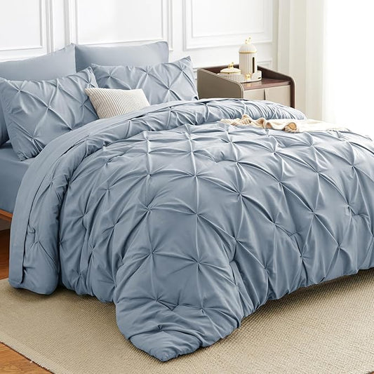 Oversized King Comforter Set Grayish Blue, 7 Pieces Pintuck Bed in A Bag Oversized King Size Bedding, Soft Bed Set All Season Pinch Pleat Comforter Set with Sheets, Pillowcases & Shams
