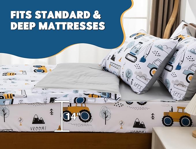Meeting Story 3pcs Kids Comforter Sets Zipper Bedding Set for Boys,Twin Kid Bedding Set Car Comforter Construction Bedding for Kid,All in one Zipper Bedding（White,Twin）