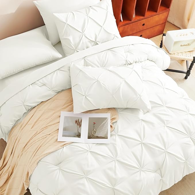 Queen Comforter Set Ivory, 7 Pieces Pintuck Bed in A Bag Queen Size Bedding, Soft Bed Set All Season Pinch Pleat Comforter Set with Sheets, Pillowcases & Shams