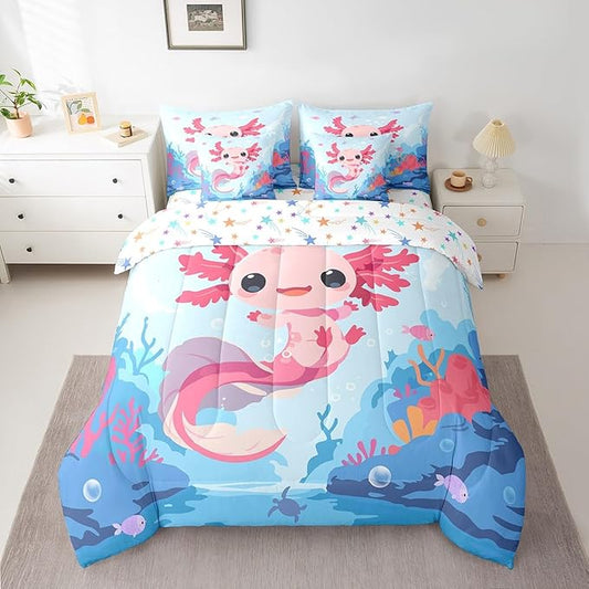Feelyou Boys Girls Cute Axolotl Bed in A Bag Queen Size, Ocean Sealife Comforter Set with Sheets Kids Cartoon Salamander 7 Pieces Bedding Sets Kawaii Teens Bed Set Bedroom Decor