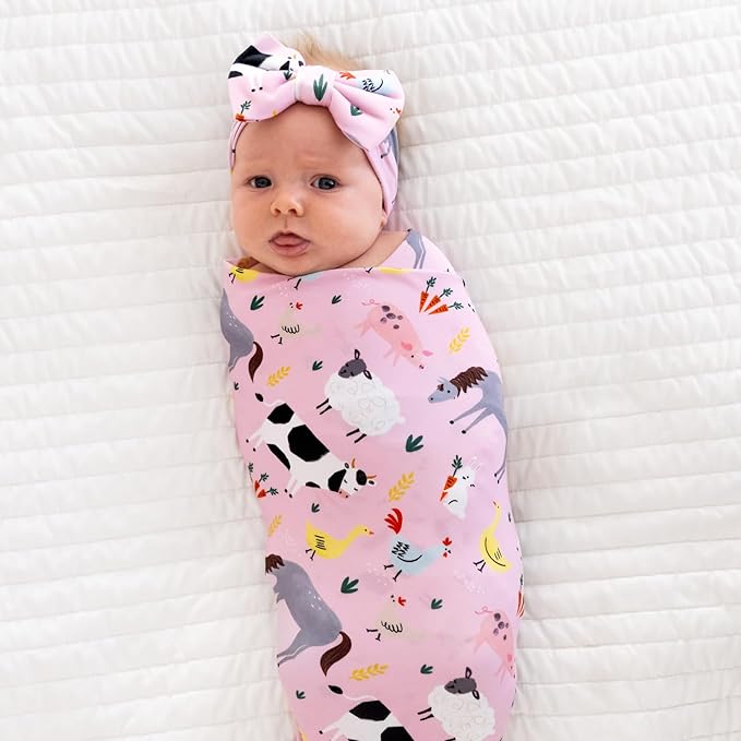Little Sleepies Swaddle & Headband Bow Set, Viscose from Bamboo Baby Swaddles, Newborn Baby Girl Clothes (Luxe Pink Farm Animals)