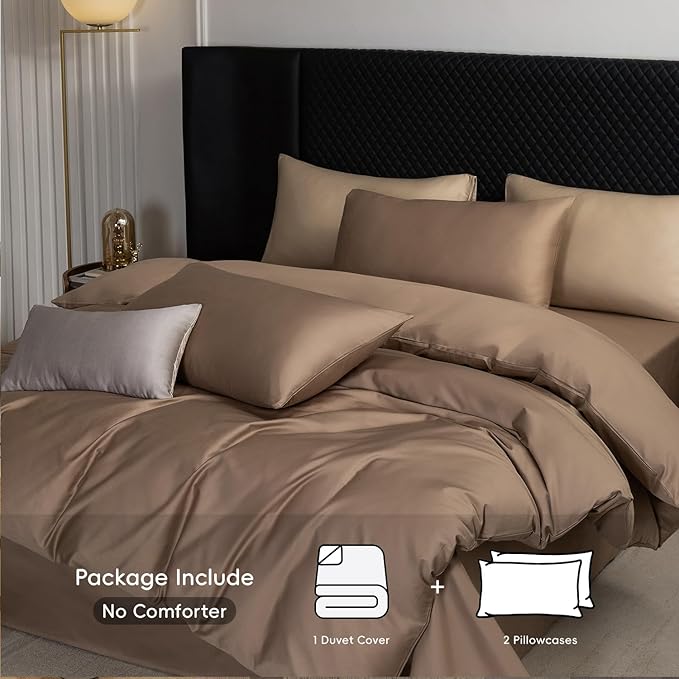 MooMee Duvet Cover Set 100% Extra Long Staple Cotton 600 Thread Count Silky Sateen Smooth Luxury Soft Breathable Durable Hotel Quality Bedding, 3 Pieces (Brown, King 104"x90")
