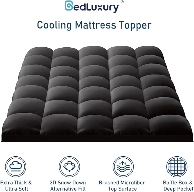 California King Mattress Topper Extra Thick Pillowtop Cooling Mattress Topper Plush Mattress Pad Cover Protector with 8-21 Inch Deep Pocket Black