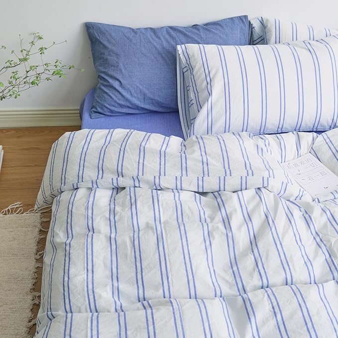 LifeTB Striped Duvet Cover Set Queen, 3 Pieces Blue Stripes Pattern Printed Comforter Cover, 100% Washed Cotton Retro Striped Bedding Set, Comfy Soft Cotton Breathable Duvet Cover Queen Size