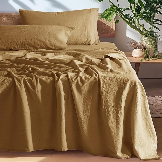 SONORO KATE 100% French Pure Linen Sheets, Breathable and Durable Linen Full Size Sheets, Anti-Tear Linen Bed Sheets, Machine Washable, 16 Inch Deep Pocket - 4 Piece (Rust, Full)