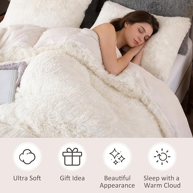 EMME Luxury White Fuzzy Duvet Cover Set King Size 3 Pieces Fluffy Comforter Cover Set for King Bed Shaggy and Plush Soft Bedding Duvet Covers (White, King)