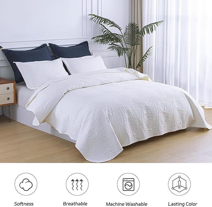 SheRest Queen Quilt Bedding Set - White Soft Breathable Bed Quilts, Modern Style Embossed Bedspreads, Lightweight Microfiber Reversible Coverlet for All Seasons-3 Pieces (1 Quilt,2 Pillow Shams)