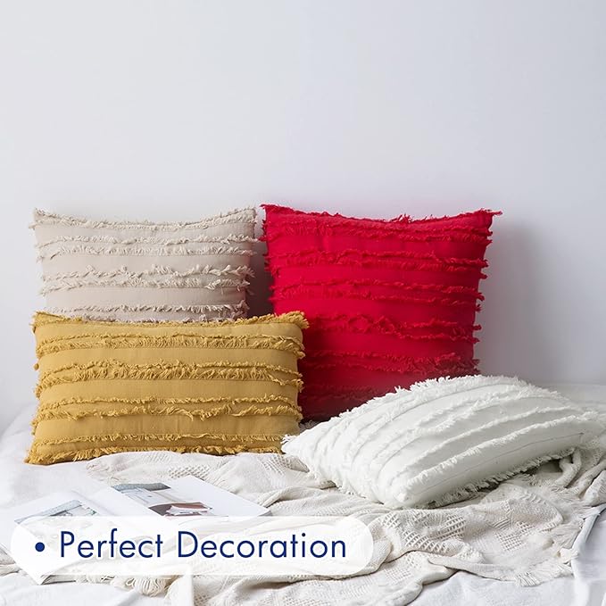 MIULEE Set of 2 Decorative Boho Throw Pillow Covers Linen Striped Jacquard Pattern Cushion Covers for Sofa Couch Living Room Bedroom 18x18 Inch Red