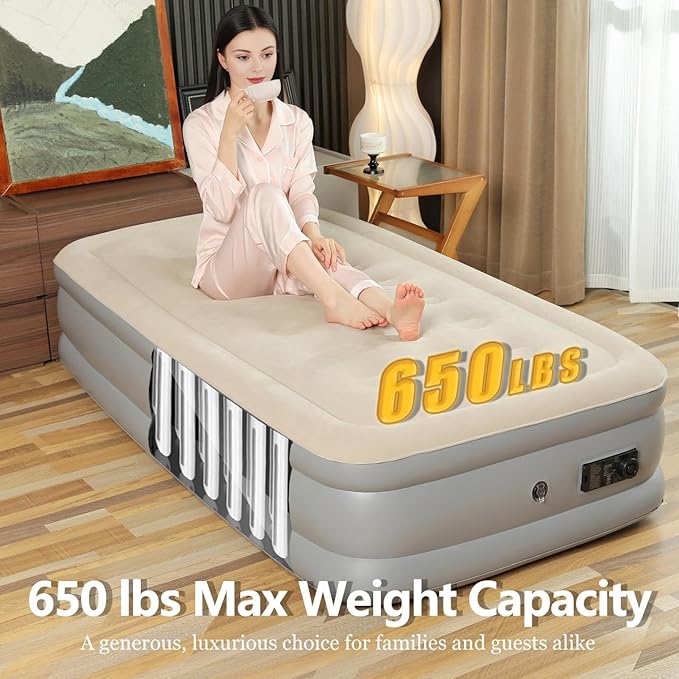 Twin Air Mattress with Built-in Pump, 2 Min Fast Inflation, 16" Raised Height, Supports up to 650 lbs, for Camping, Home Use, Guests, Portable Travel–Single Air Mattress