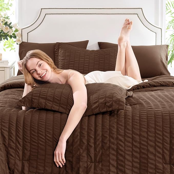 CozyLux Queen Comforter Set Brown Seersucker 7 Pieces Bed in a Bag Queen Comforter Set with Sheets, Luxury Soft Bedding Set with Down Alternative Comforter, Sheets, Pillowcases & Shams for All Seasons