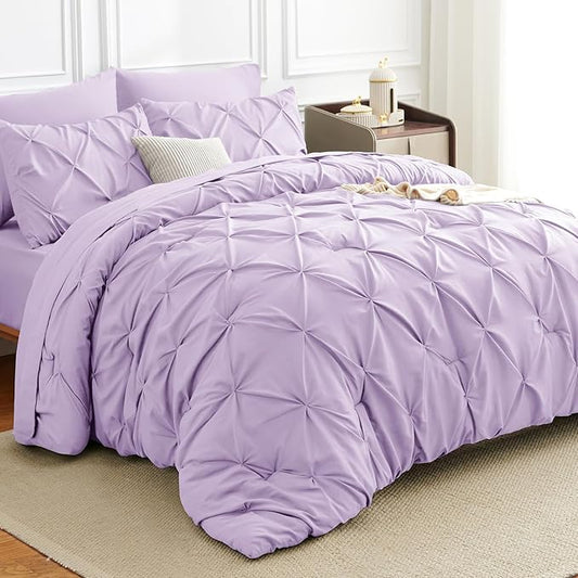 King Comforter Set 7 Pieces Bed in A Bag Light Purple Luxury Soft King Size Bed Set Pintuck Pinch Pleat Bedding Sets with Comforter, Flat Sheet, Fitted Sheet and Pillowcases & Shams
