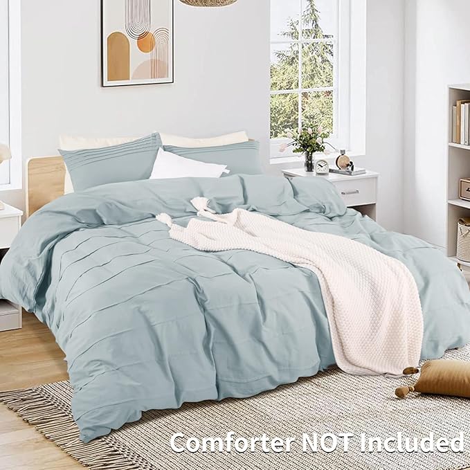 NEXHOME PRO 100% Washed Cotton Duvet Cover King Size, Pleated Textured Duvet Cover Set Azure Blue, 3 Pieces Bedding Set with Zipper Closure, Soft, Lightweight and Breathable (104"x90", No Comforter)