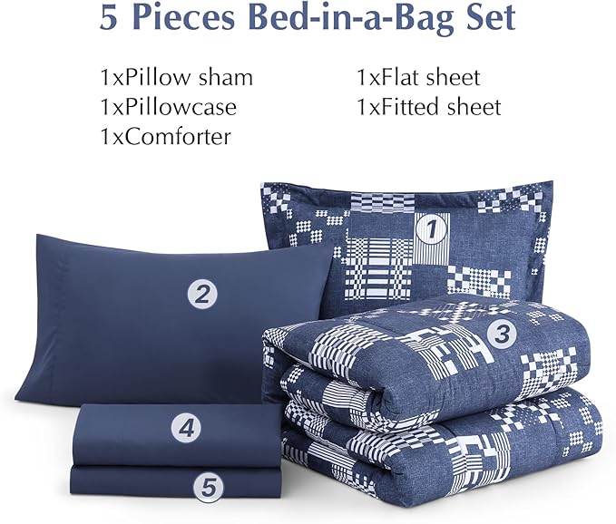 Twin XL Comforter Set Navy Blue, Plaid Bedding Set 5 Pieces for Boys Girls Teen, Classic Homestead-Style Comforter Set Bed in A Bag with Sheets, Pillowcase & Sham