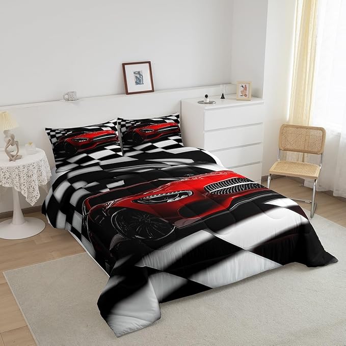 Erosebridal Teen Race Car Comforter Set For Boys King Size Extreme Sports Car Bedding Set,Black White Checkered Grid Comforter Retro Red Cool Vehicle Automobile Quilt Duvet 2 Pillow Cases