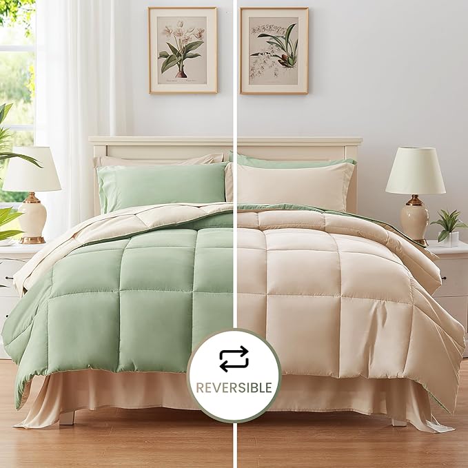 Anluoer Full Size Bed in a Bag 7 Pieces, Sage Green Bed Comforter Set with Sheets, All Season Bedding Sets with 1 Comforter, 2 Pillow Shams, 2 Pillowcases, 1 Flat Sheet,1 Fitted Sheet